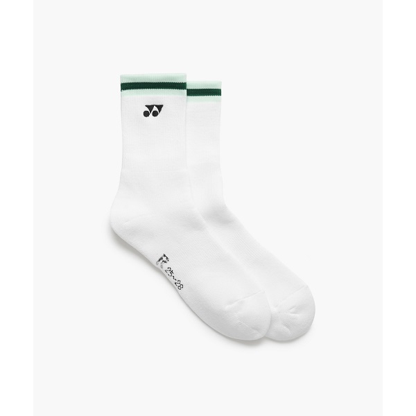 Pair of white crew socks with a dark green stripe at the top and a small black logo near the cuff (athletic socks).