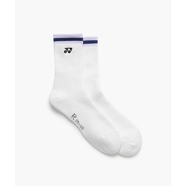 Pair of white ankle socks with purple striped cuffs and a small black logo near the ankle, laid side by side.