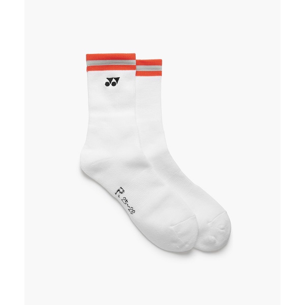 Pair of white athletic crew socks with red striped cuffs and a black logo on the side (Yonex).