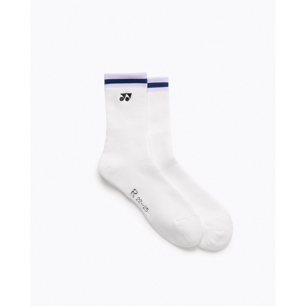 Pair of white crew socks with a light purple band at the top, laid flat with a small black logo near the cuff.
