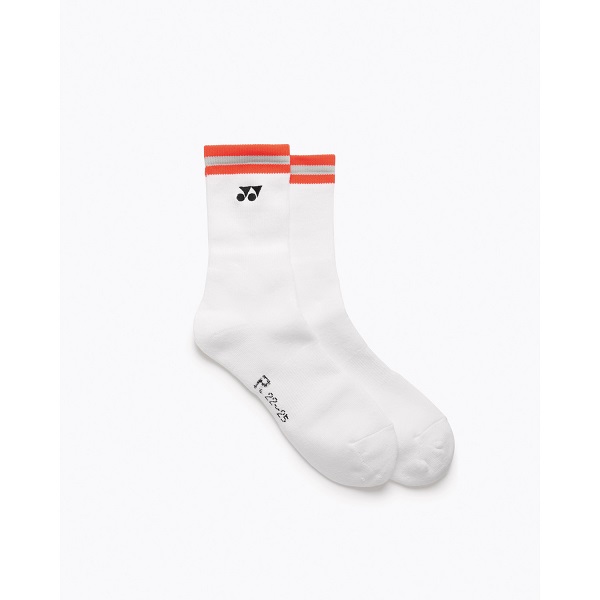 White ankle socks with orange striped cuffs and a small black logo on the side, shown overlapped on a white background.