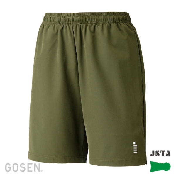 Olive green athletic shorts with an elastic waistband, brand logos 'GOSEN' and 'JSTA' at the bottom corners.
