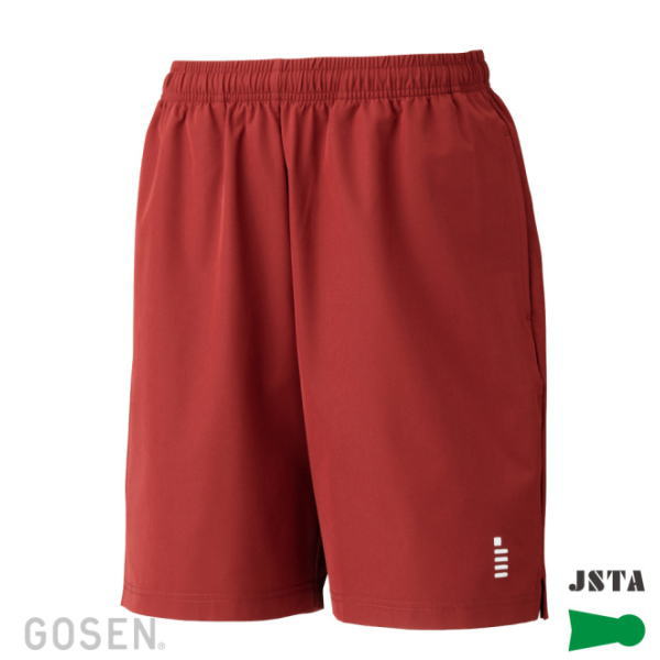 Red athletic shorts with an elastic waistband, front view, on a white background; logos visible at the bottom corners (GOSEN/JSTA).