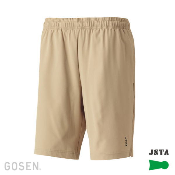 Beige knee-length athletic shorts with an elastic waist and subtle side seam; GOSEN and JSTA logos are visible at the corners.
