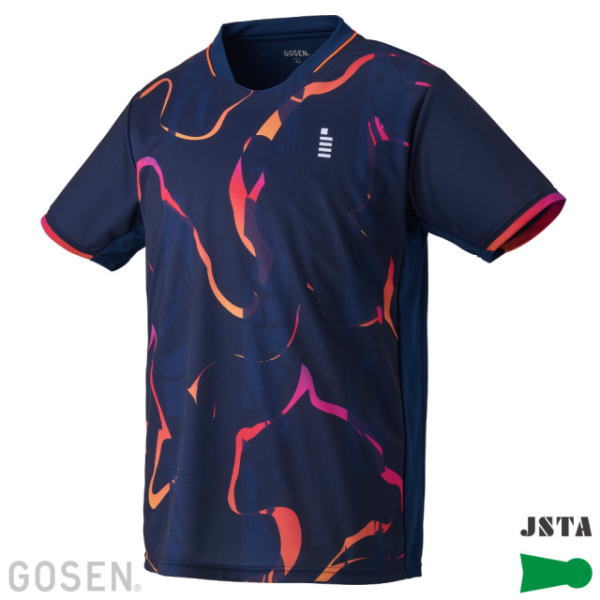 Navy short-sleeve athletic T-shirt with pink-orange abstract pattern and pink sleeve trim; features a small white brand mark on the chest.