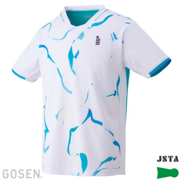 White short-sleeve sports jersey with blue abstract patterns and teal trim, brand logos visible
