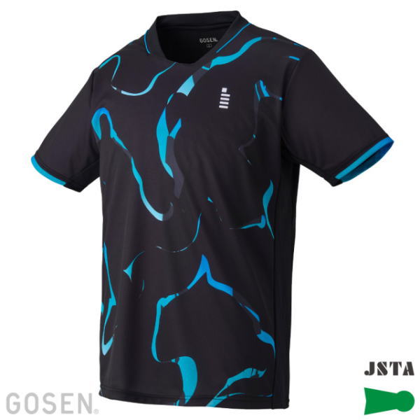 Black athletic short-sleeve shirt with bright blue abstract swirl patterns; GOSEN branding on the lower left and JSTA logo on the bottom right.
