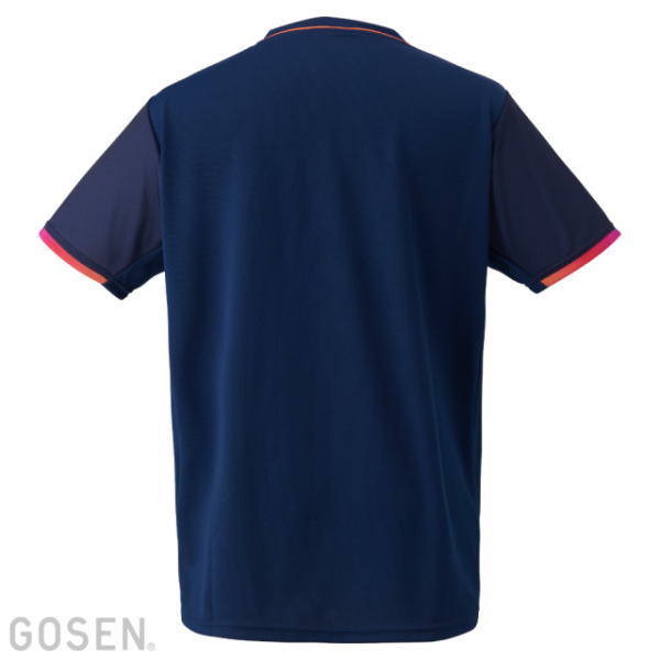 Back view of a navy blue polo shirt with pink trim on the sleeves and collar, brand name GOSEN visible at the bottom corner.