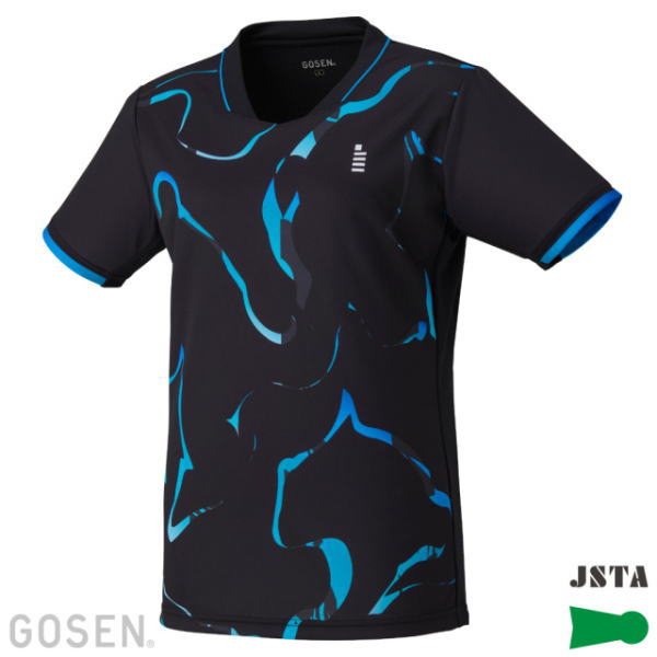 Black athletic jersey with electric blue abstract pattern, short sleeves with blue trim, GOSEN logo bottom left and JSTA logo bottom right.