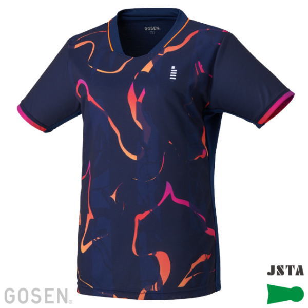 Navy athletic jersey with bright orange and pink abstract pattern, short sleeves with pink trim; GOSEN brand logo visible.
