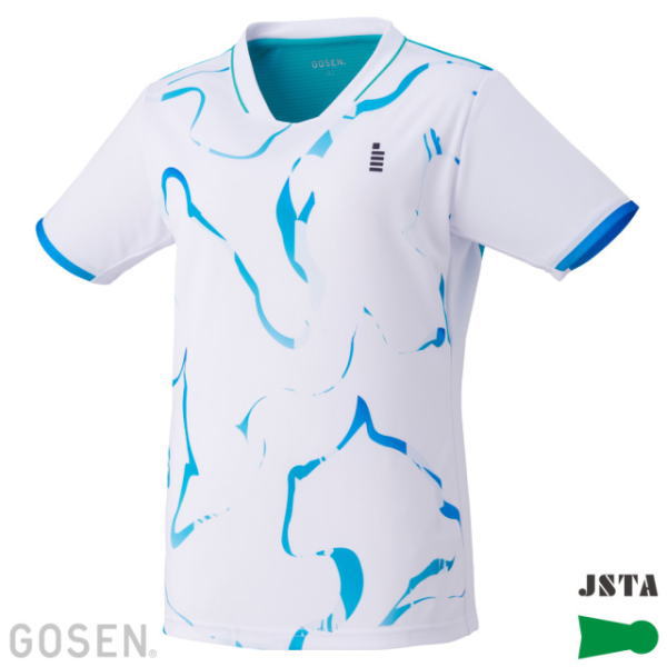 White athletic jersey with blue abstract patterns and turquoise collar, short sleeves with blue trim.