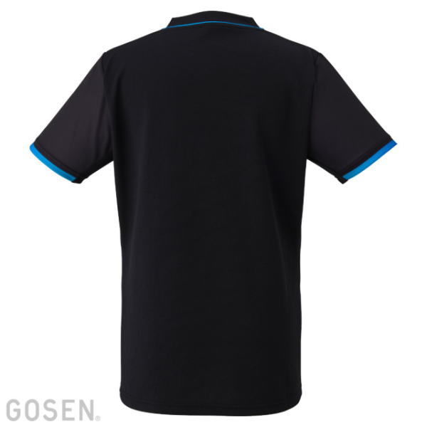 Back view of a black polo shirt with blue trim on the sleeves and collar.