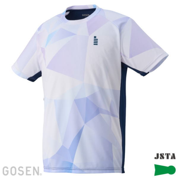 Short-sleeve athletic jersey with a pastel geometric pattern in white, lavender, and blue; navy side panels and GOSEN branding on chest with JSTA logo on the bottom corner.