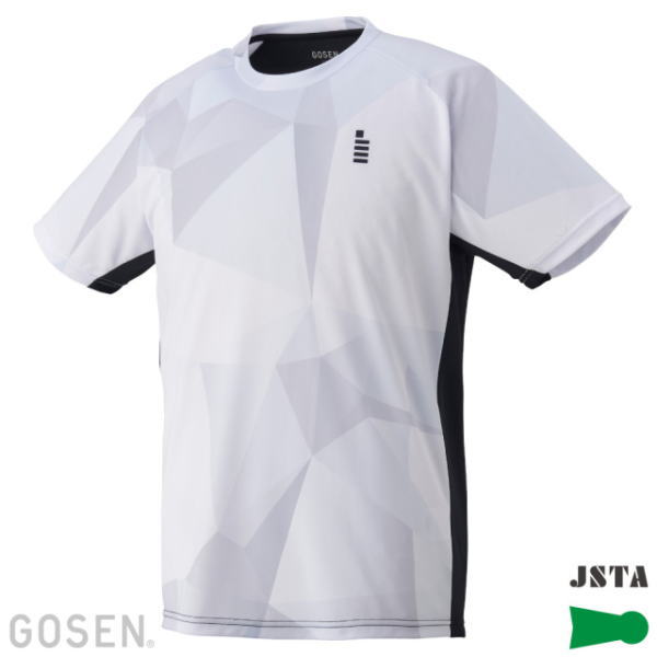 White geometric-pattern athletic jersey with black side panels, featuring GOSEN branding at the hem and the JSTA logo.