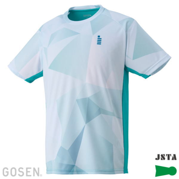 Light blue geometric-pattern badminton jersey with teal side panels and a small blue chest logo, short sleeves, brand watermarks visible.
