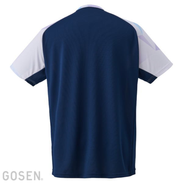 Back view of a navy blue short-sleeve jersey with white sleeves and light purple shoulder accents.