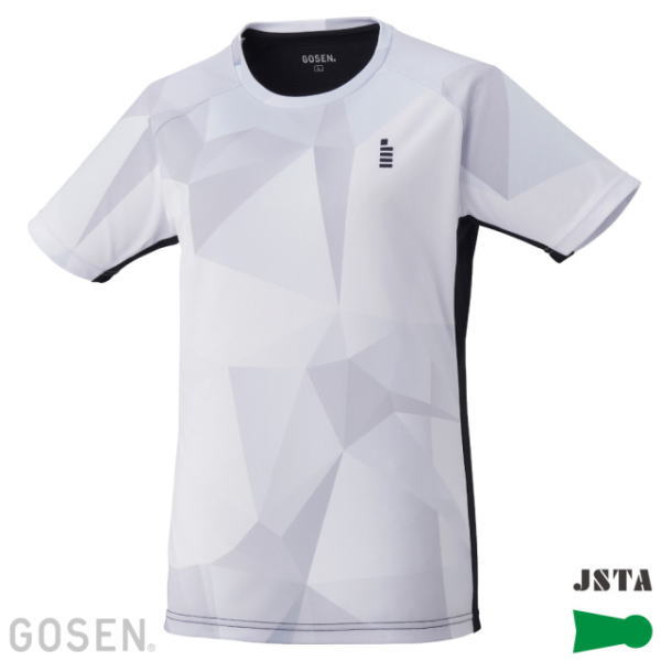 White polygonal-pattern athletic T-shirt with black side panels and subtle gray geometric shapes in a modern design.