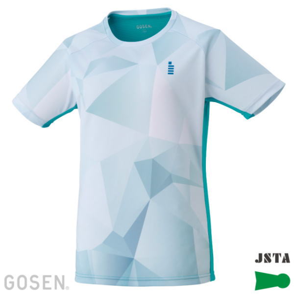 Light blue geometric-pattern short-sleeve sports jersey with teal trim, shown from front.