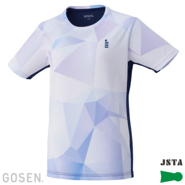 Light blue and white geometric-patterned athletic shirt with navy side panels and a small blue vertical stripe logo on the chest.