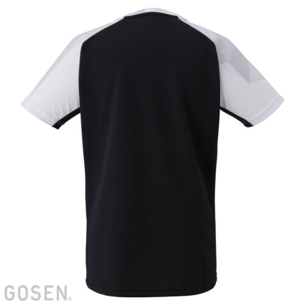 Back view of a black short-sleeve sports jersey with white sleeves and geometric shoulder accents.