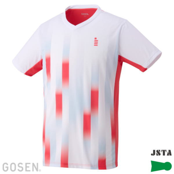 White athletic jersey with red and light-blue vertical abstract stripes, red sleeve trim, V-neck, small red logo on the chest.