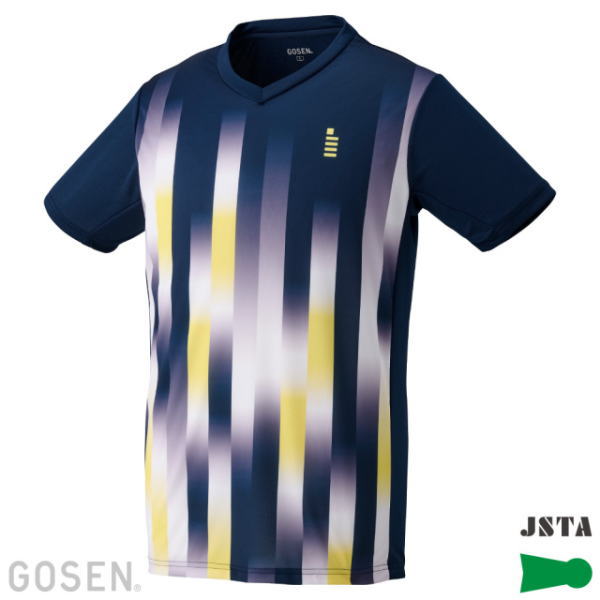 Front view of a dark blue athletic jersey with vertical yellow, white, and purple gradient stripes; small Gosen branding on the lower left and a JSTA logo on the bottom right.