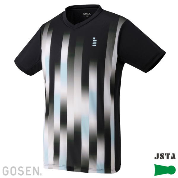 Black short-sleeve sports jersey with vertical silver-to-blue gradient stripes and a small chest badge.