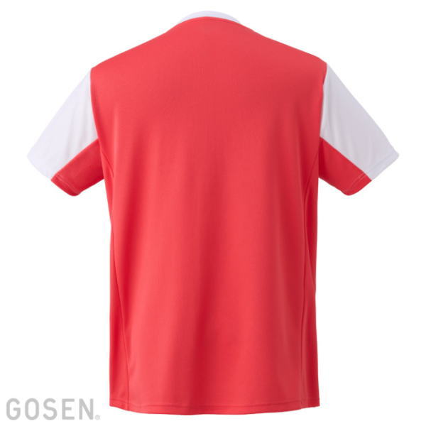 Back view of a red short-sleeve athletic jersey with white sleeve panels on the sides.
