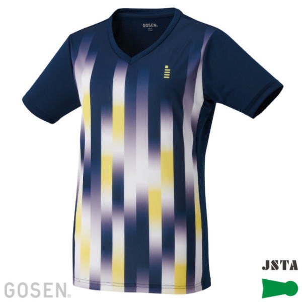 Navy athletic jersey with vertical purple, white, and yellow stripes and a V-neck.