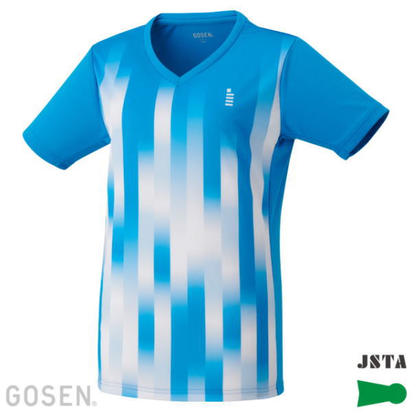 Blue athletic V-neck jersey with vertical white brushstroke stripes; features Gosen branding and JSTA logo in the corner.