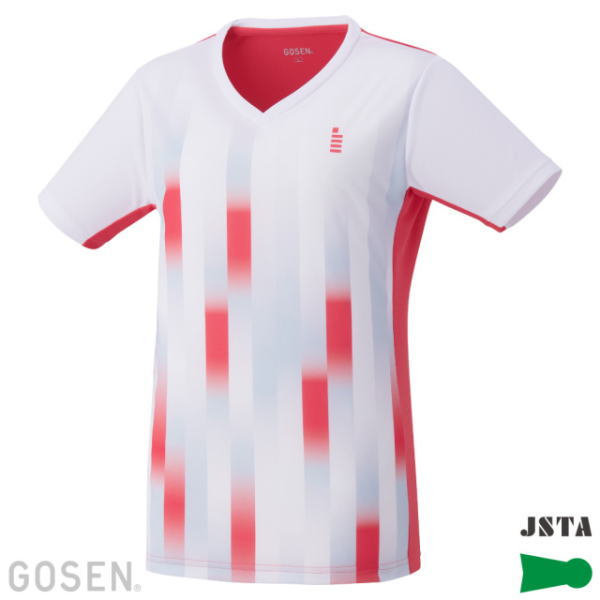 White soccer jersey with red vertical gradient stripes, red side panels, V-neck; logos from Gosen and JSTA visible