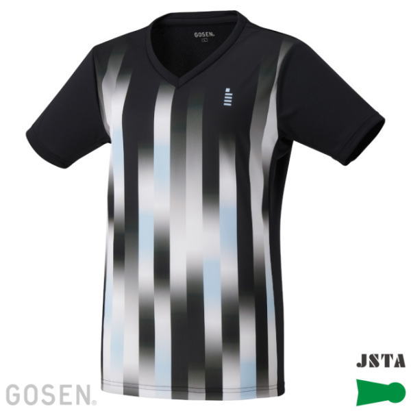 Black V-neck short-sleeve athletic jersey with tall grayscale vertical stripes and subtle blue accents.