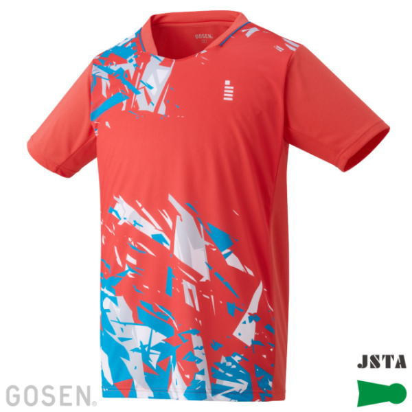 Red short-sleeve sports jersey with blue and white abstract graphic across the front. Lightweight fabric with subtle logos on the chest.