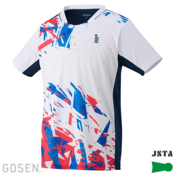 White athletic jersey with red and blue abstract graphic, navy side panels, short sleeves; logos from GOSEN/JSTA visible.