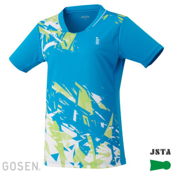 Bright blue athletic jersey with lime green and white geometric print and GOSEN/JSTA branding (product image).