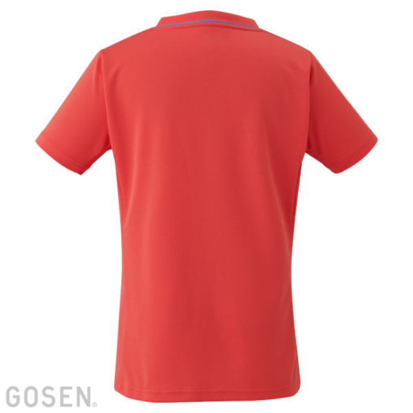 Back view of a plain red polo shirt with short sleeves.