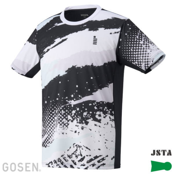 Abstract black-and-white athletic T-shirt with bold brush-stroke pattern and short sleeves.