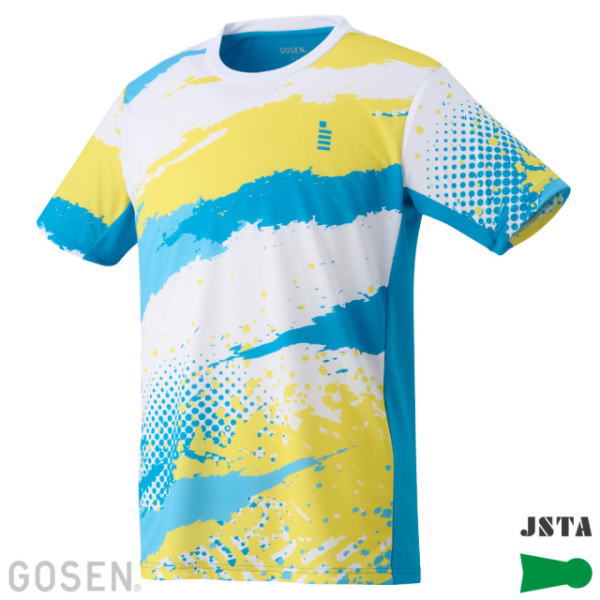 Colorful short-sleeve athletic jersey with blue, yellow, and white paint-splatter design; GOSEN branding near the collar and a JSTA logo at the bottom corner.