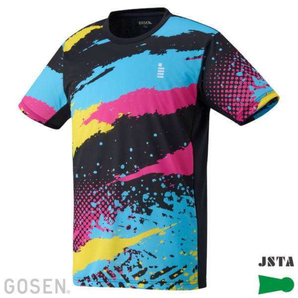 Colorful short-sleeve athletic jersey with blue, pink, yellow, and black paint-splash designs and black side panels.