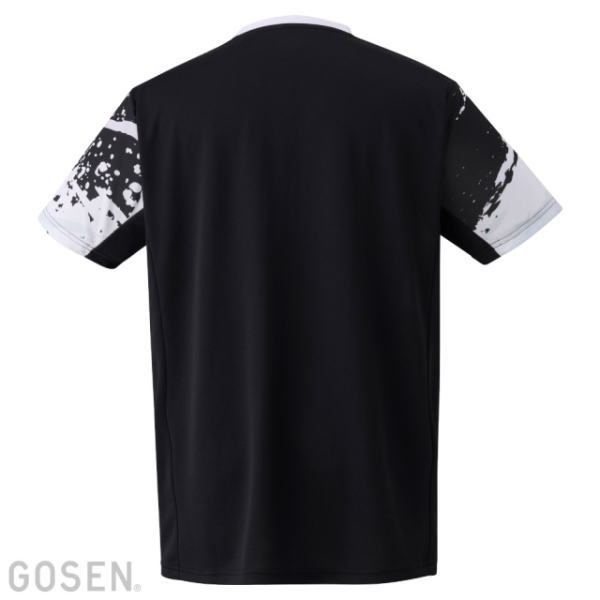 Back view of a black athletic jersey with white splatter-pattern sleeves and a plain back.