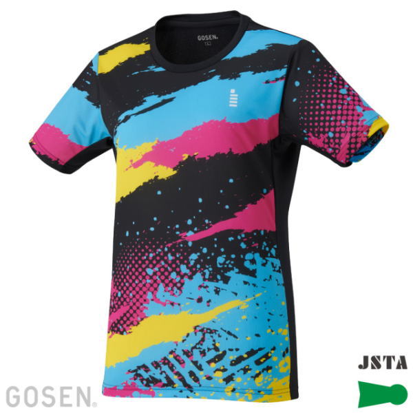 Colorful short-sleeve athletic jersey with blue, pink, yellow paint-splatter pattern and black side panels; GOSEN branding on the lower left and JSTA logo at the bottom right.