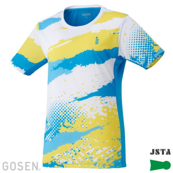 Colorful athletic jersey with blue, yellow, and white paint-splash pattern; short sleeves, blue side panels, GOSEN logo on chest and JSTA logo bottom right.