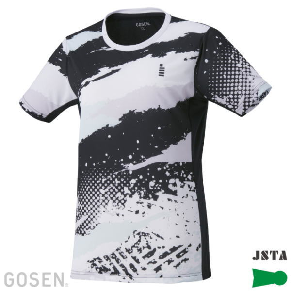Front view of a black-and-white abstract-patterned athletic jersey with side panels and a small chest logo on the left chest area.
