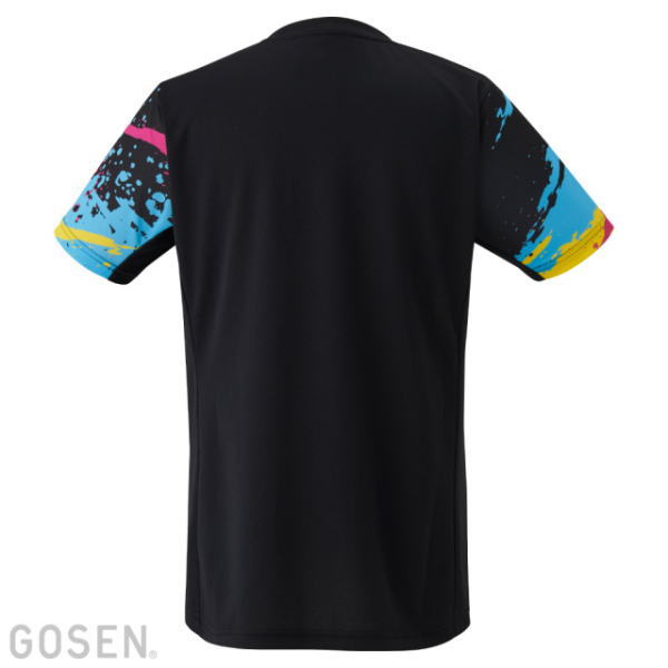 Back view of a black short-sleeve jersey with abstract blue, pink, and yellow sleeve patterns; GOSEN watermark.