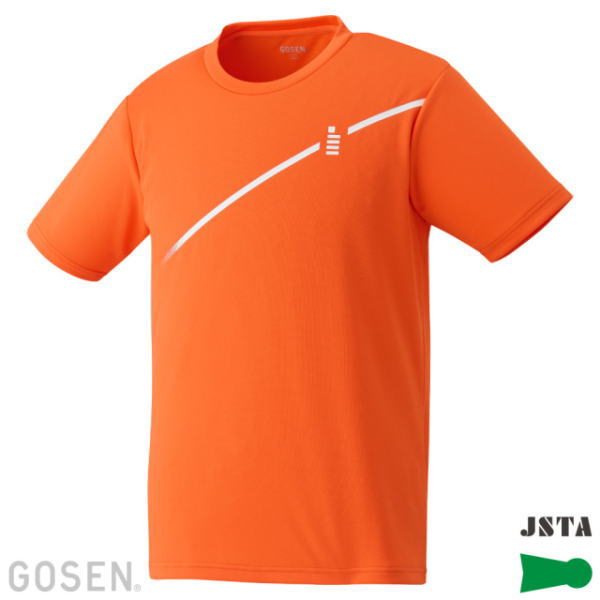 Bright orange short-sleeve athletic T-shirt with a white curved stripe and small chest logo; GOSEN and JSTA marks visible.
