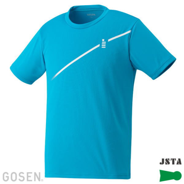 Turquoise short-sleeve athletic T-shirt with a diagonal white stripe and small chest logo.