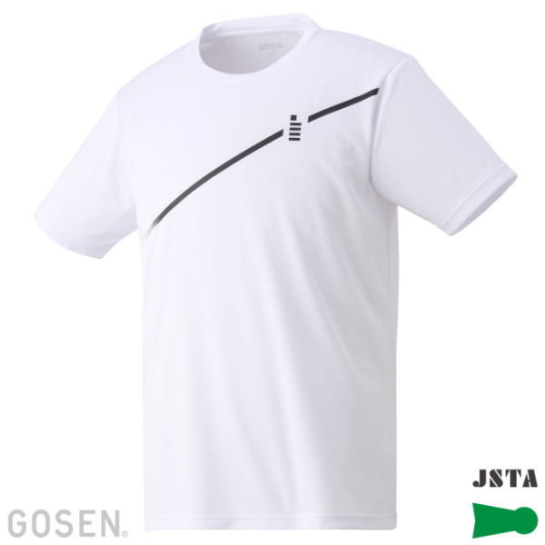 White athletic short-sleeve T-shirt with a black curved stripe across the chest and a small vertical logo, shown from the front; GOSEN and JSTA branding visible in the corners.