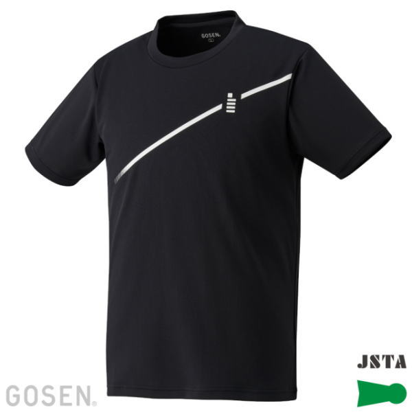 Black short-sleeve athletic T-shirt with a white diagonal chest stripe and a small vertical logo near the stripe start.