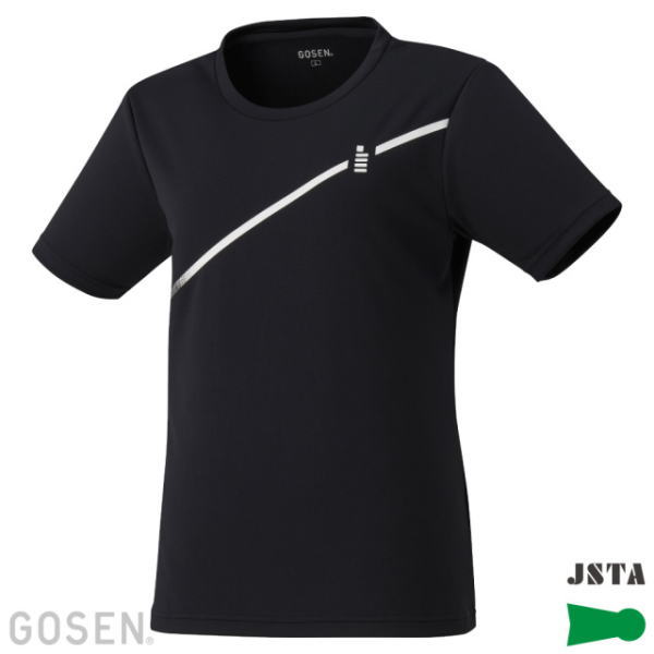 Black athletic T-shirt with a diagonal white stripe across the chest and brand logos in the bottom corners. USable for product listing style.