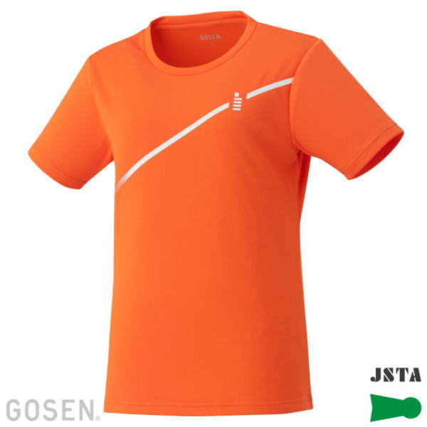 Bright orange short-sleeve athletic T-shirt with a white diagonal stripe across the chest; GOSEN logo at the bottom left and a green JSTA emblem bottom right.